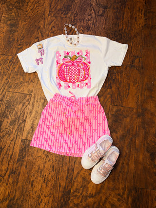 Pink Pumpkin Breast Cancer Awareness Graphic Tee,  white