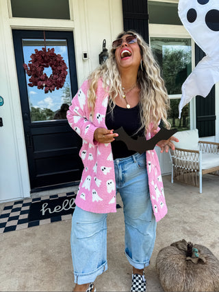 Halloween Cloud Cardigan- Pink Ghosts