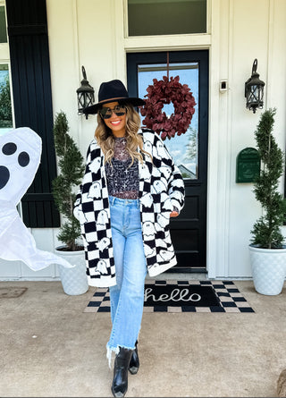 Halloween Cloud Cardigan- B & W Checkered ghosts