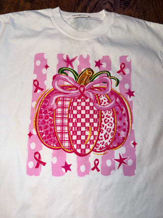Pink Pumpkin Breast Cancer Awareness Graphic Tee,  white