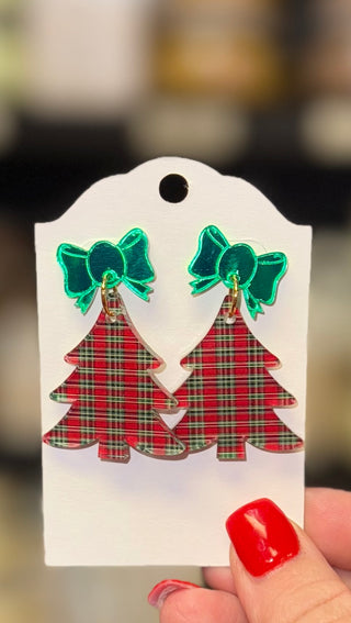 Red Plaid Acrylic Christmas Tree Dangle Earring