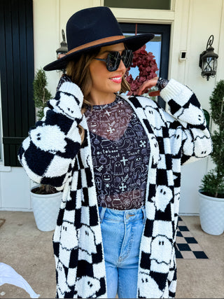 Halloween Cloud Cardigan- B & W Checkered ghosts