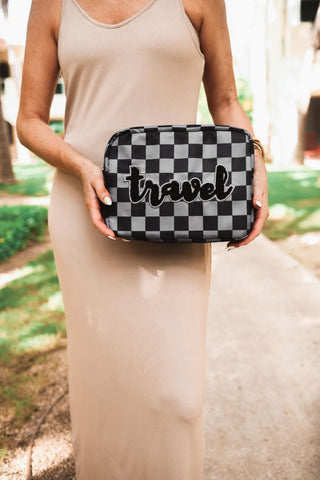 Vibrant Travel Makeup Bag- Travel black check
