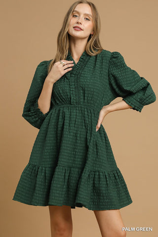 Ruffle Trim Textured Babydoll Dress- green