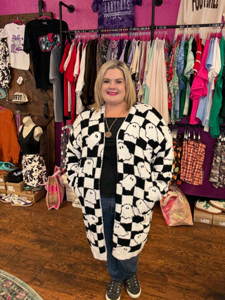Halloween Cloud Cardigan- B & W Checkered ghosts