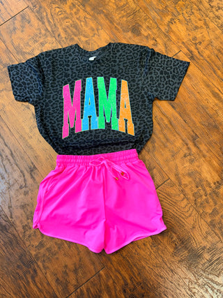 Mama neon on black leopard graphic tee