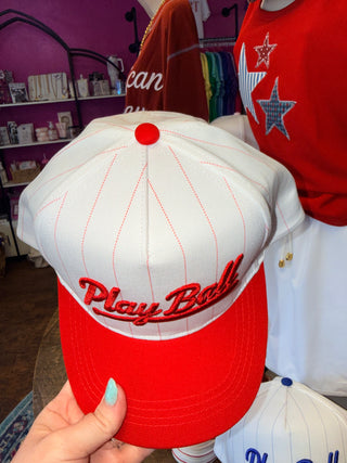 Play Ball Embroidered Baseball Cap, White/Blue or White/Red