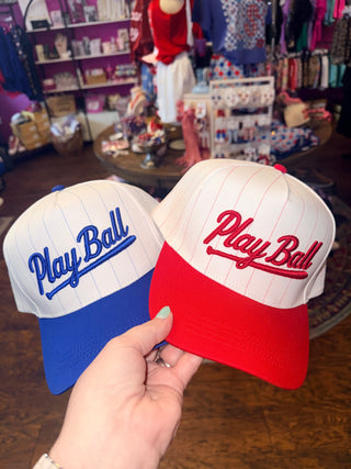 Play Ball Embroidered Baseball Cap, White/Blue or White/Red