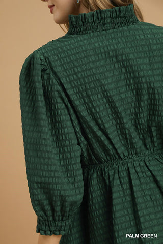 Ruffle Trim Textured Babydoll Dress- green