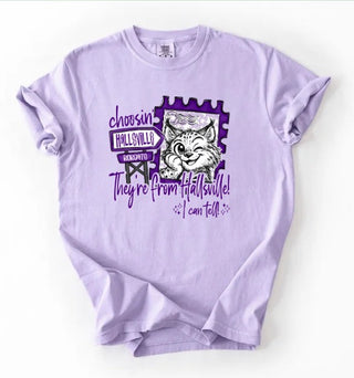 Lavender t-shirt with a graphic design and text on a white background