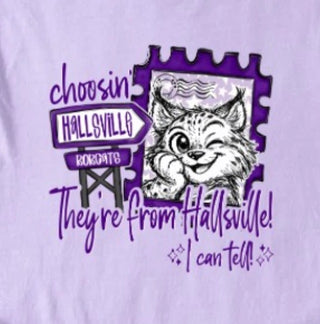 Purple t-shirt with a graphic of a bobcat and text about Hallsville, on a light purple background.