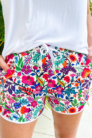 Fiesta Time Floral Drawstring Everyday Shorts, White