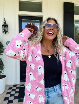 Halloween Cloud Cardigan- Pink Ghosts