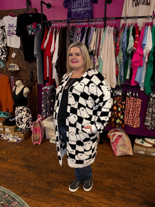 Halloween Cloud Cardigan- B & W Checkered ghosts