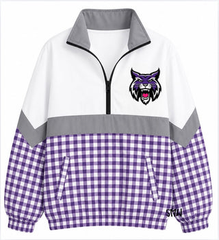 Hallsville On the Go Pullover- Purple Gingham with Bobcat face logo