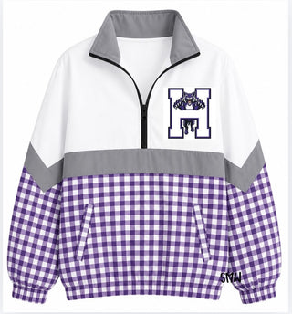 Hallsville On the Go Pullover- Purple Gingham with H Bobcat logo
