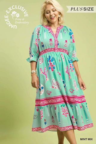 Floral Collage Print Y-Neck Midi Dress 