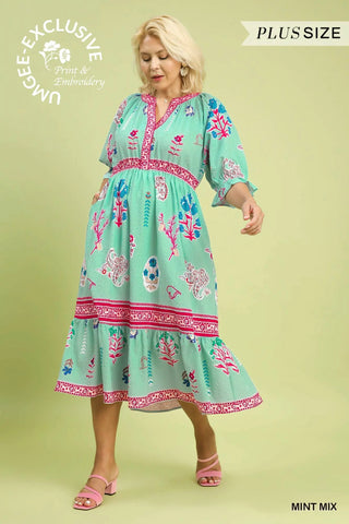 Floral Collage Print Y-Neck Midi Dress