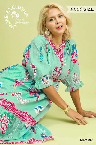 Floral Collage Print Y-Neck Midi Dress