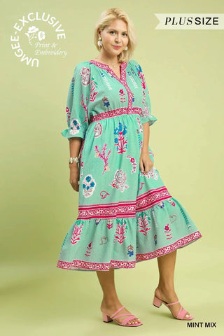 Floral Collage Print Y-Neck Midi Dress