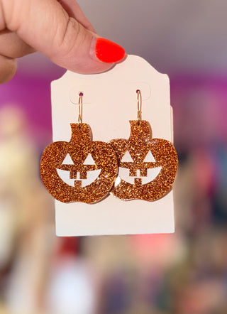 Jack O' Lantern Earrings, Orange Glitter