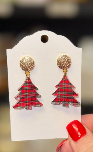 Red Plaid Acrylic Petite Tree Dangle Earring