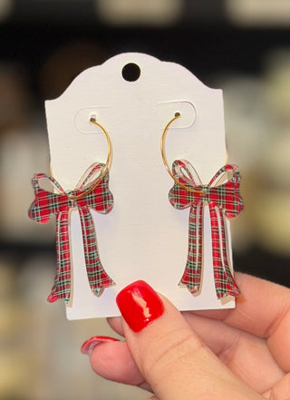 Red Plaid Acrylic Bow Earring On A Hoop
