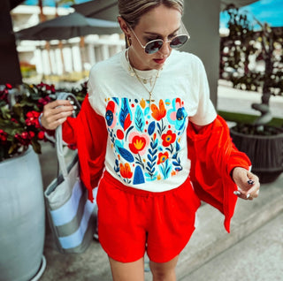 Bright blooms PPTX screen printed graphic tee