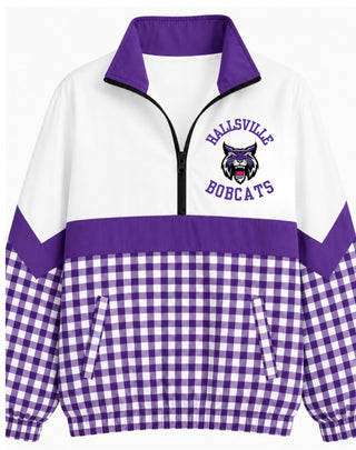 Hallsville Bobcats On the Go Pullover- Purple Gingham Bobcat face