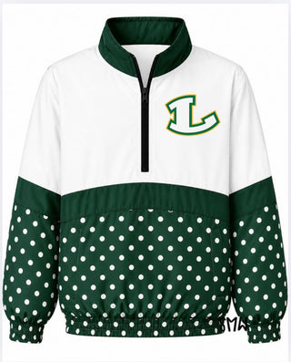 Longview Lobos On the Go Pullover- Green polka dot with L logo