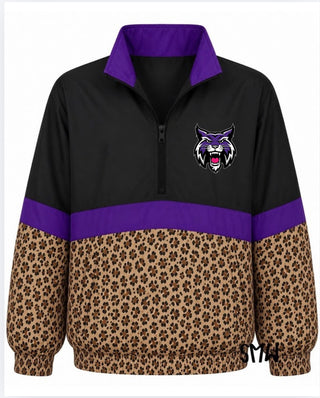 Hallsville On the Go Pullover- Black with leopard with Bobcat face logo