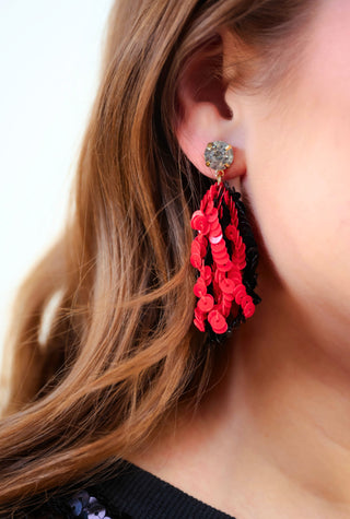 Spirit Sequin Fringe Earrings-Red & black
