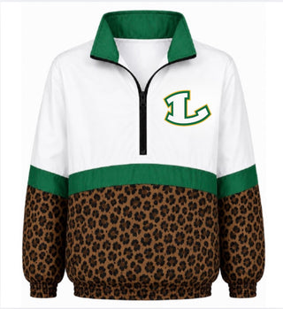 Longview Lobos On the Go Pullover- Leopard & white with L logo