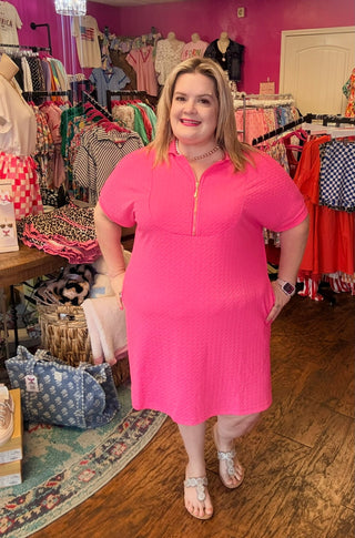 Ezra Textured Zipper Dress, Hot Pink
