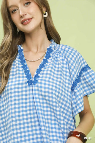 Gingham Lace Trim Top- blue