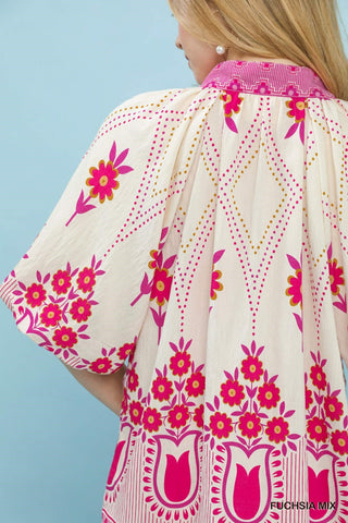 Umgee Mix Boho Border Print Puff Sleeve Top