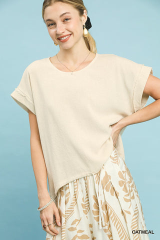 Umgee Drawstring Linen Blend Top - oatmeal