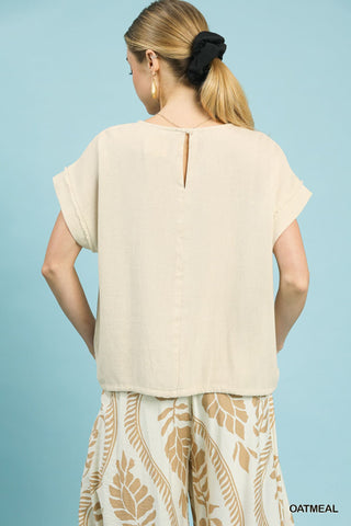 Umgee Drawstring Linen Blend Top - oatmeal