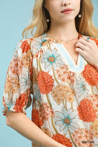Umgee blue & coral floral top