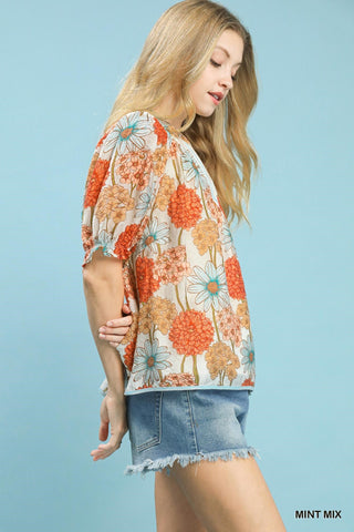 Umgee blue & coral floral top