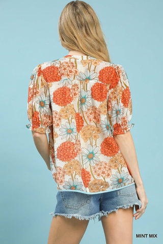 Umgee blue & coral floral top