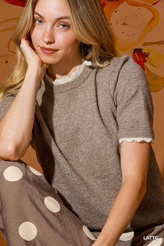 Umgee Scalloped Trim Puff Sleeve Knit Sweater Top