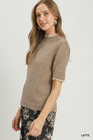Umgee Scalloped Trim Puff Sleeve Knit Sweater Top
