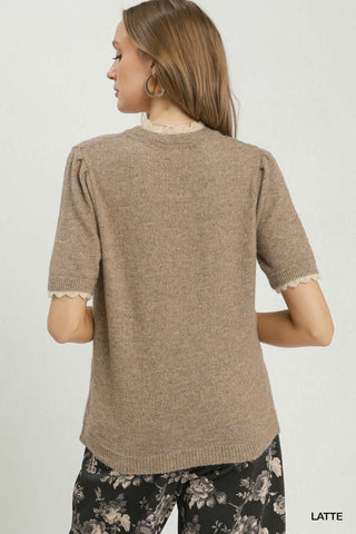 Umgee Scalloped Trim Puff Sleeve Knit Sweater Top