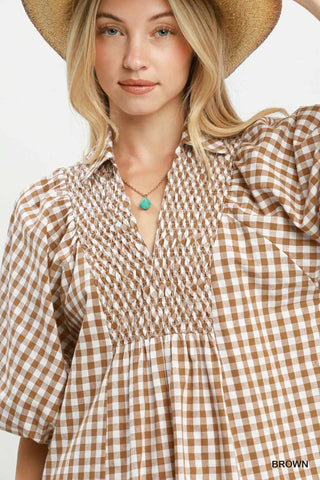 Umgee Puff Sleeve Plaid Midi Dress, Brown