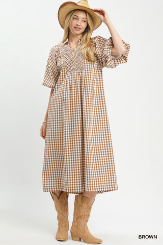 Umgee Puff Sleeve Plaid Midi Dress, Brown