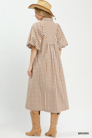 Umgee Puff Sleeve Plaid Midi Dress, Brown
