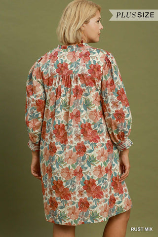 Umgee Floral Print Smocked Cuff Mini Dress, Rust