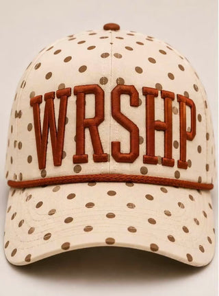 Beige hat with brown polka dots and bold brown embroidered lettering 'WRSH' on the front.