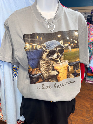 I live here now racoon graphic tee